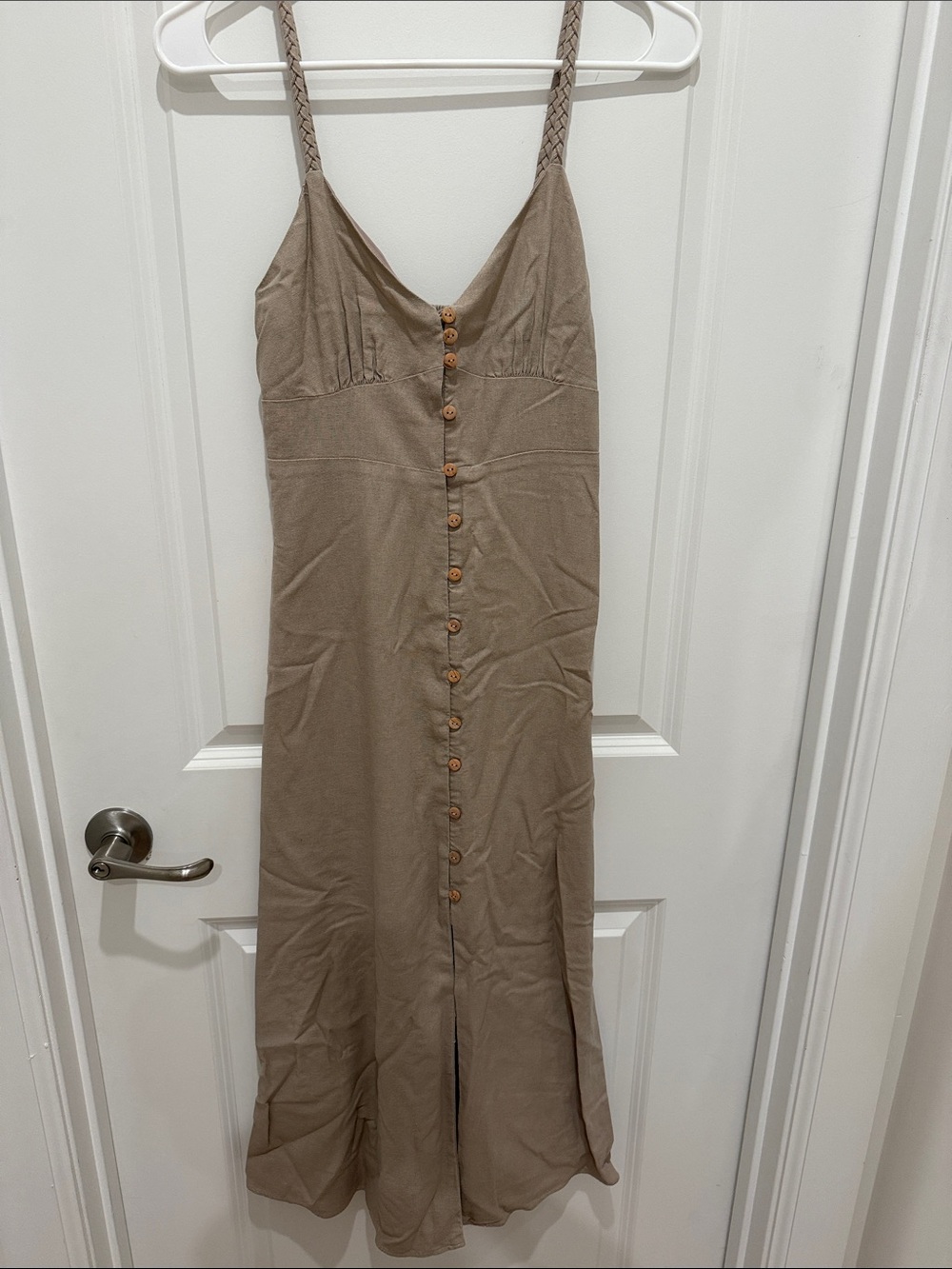 Zara Braided-Strap Button-Front Maxi Dress in Taupe